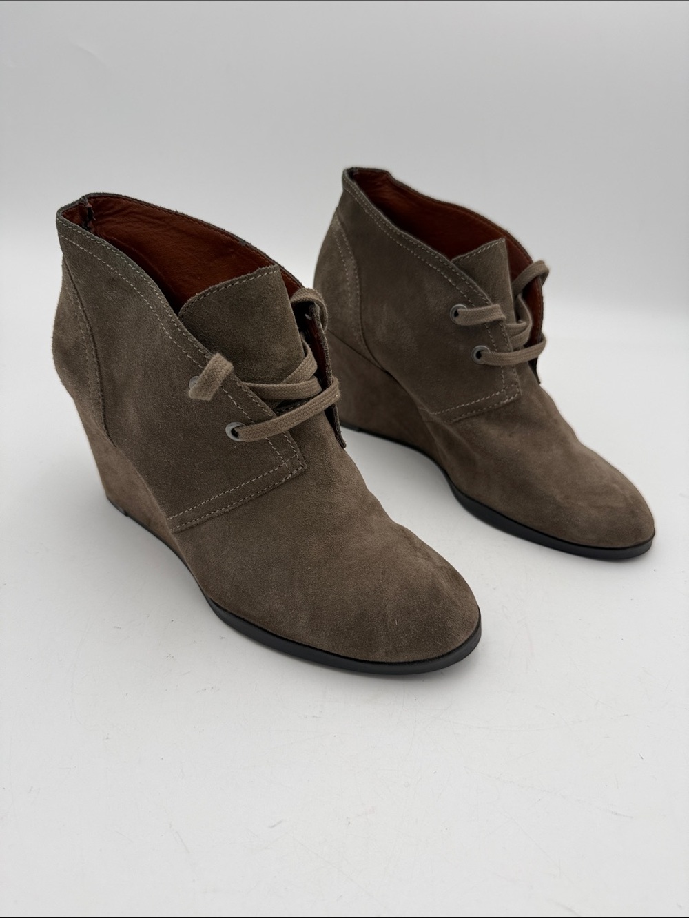 Lucky Brand Suede Lace-Up Wedge Booties - Taupe women 9.5M casual office retro